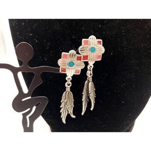 Silver-tone and Turquoise /Red Square w/Feathers Earrings - 1.75" inches